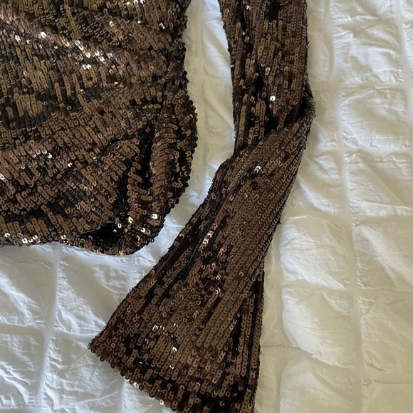 Jonathan Simkhai Allura brown sequin square neck puff sleeve top - Picture 4 of 12